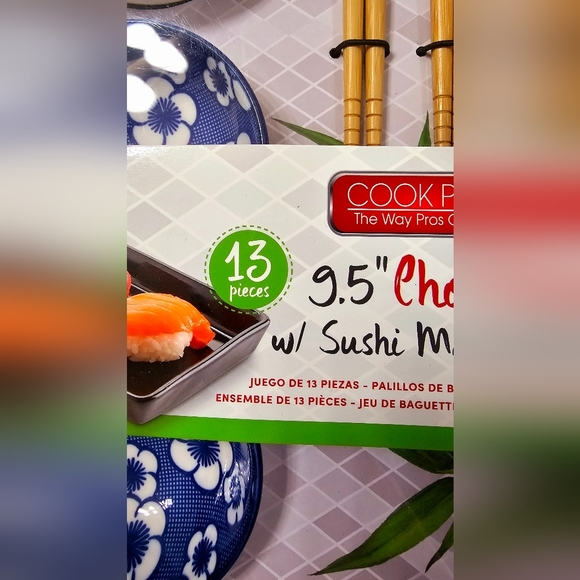 Cook Pro Bamboo 9.5" Sushi Chopstick Set with Blue Floral Dishes New - Picture 2 of 4